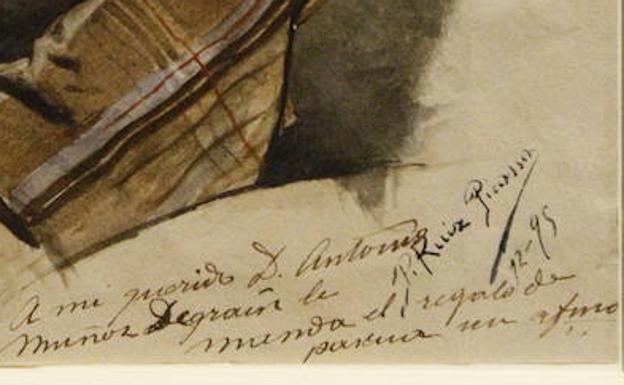 Detalle de la dedicatoria con el texto «A mi querido D. Antonio / Muñoz Degrain le / manda el regalo de pascua su afectuoso / P. Ruiz Picasso / 12-95».