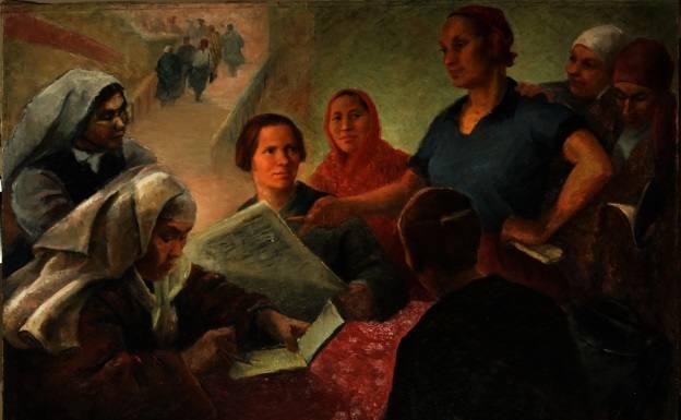 Olga Yanovskaya firma el ‘Retrato de delegadas del VI Congreso’ (1932).