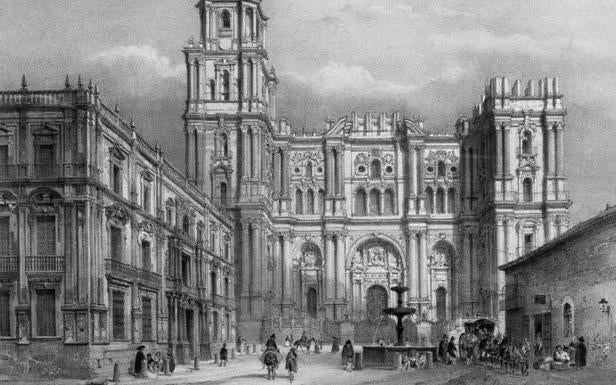 Alzado de la Catedral y plaza del Obispo en una litografía de Chapuy de 1850./Sur