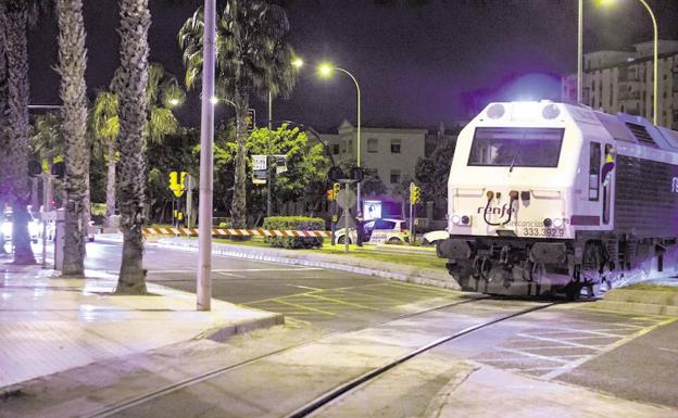 El tren de mercancías, a su paso por el paseo marítimo, camino del puerto./SUR