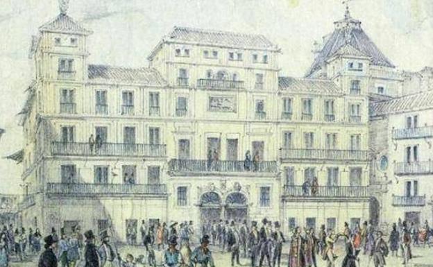 Grabado de M. de Mesa (1839), donde se ve la fachada principal del Ayuntamiento, entonces en la plaza de la Constitución. Libro 'Las Casas Consistoriales de Málaga'