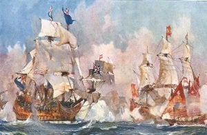 Litografía del 'Prince George', buque insignia del almirante Rooke en la batalla naval de Vélez-Málaga, de Charles Edward Dixon. ::
SUR/