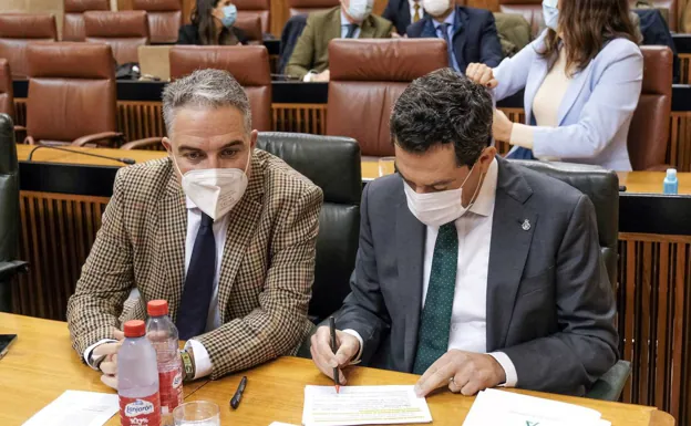 Elías Bendodo y el presidente de la Junta Directiva, Juanma Moreno, en el pleno del Parlamento./sur