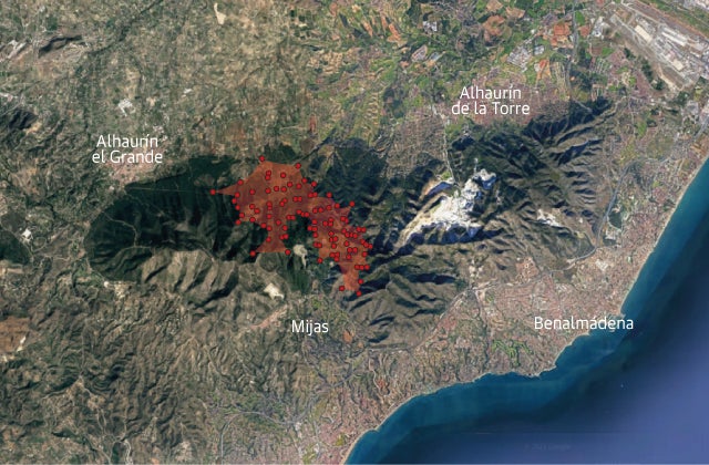 Mapa: El área afectada por el incendio de Alhaurín el Grande